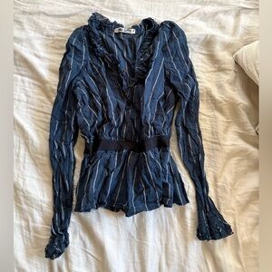 Ciao Lucia Navy Striped Ruffle V-Neck Peplum Long-Sleeve Blouse Top